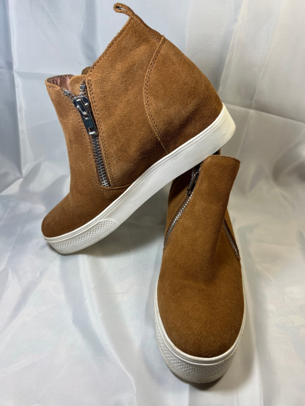Steve Madden Tan Suede Wedge Sneaker Booties with Side Zippers